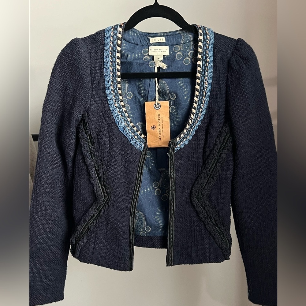 Maison Scotch Fringe Trim Tweed Blazer